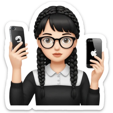 She's wearing black braided, full bangs and glasses and taking a mirror selfie with a white iPhone sticker