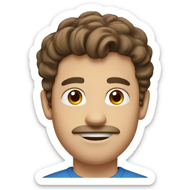 College guy with brown hair, hazel eyes, mustache, blue shirt sticker