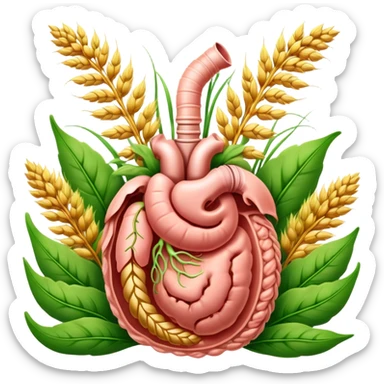Human digestive system with esophagus, stomach, intestines, and colon, surrounded by golden wheat ears and green leaves, with glowing healing particles flowing through the digestive tract sticker