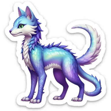 Kawaii iridescent beautiful pretty elegant divine edgy fantasy feline-vernid-sergal-fursona animal creature with a tufted tail full body with intricate markings  sticker
