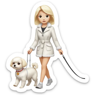 blonde woman, walking a small maltese dog. sticker