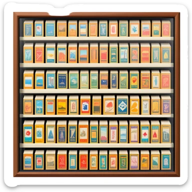 Icon for Matchbox Collecting: a collection of vintage and colorful matchboxes from different places, neatly displayed in a row or in a display case. The icon should reflect the uniqueness and diversity of matchbox collecting. Transparent background. sticker