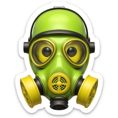 3D render of Gas Mask, toxic waste aesthetic, neon green bubbling liquid, caution yellow metal, industrial warning texture, Apple emoji style, isolated on white background --v 6.0 sticker