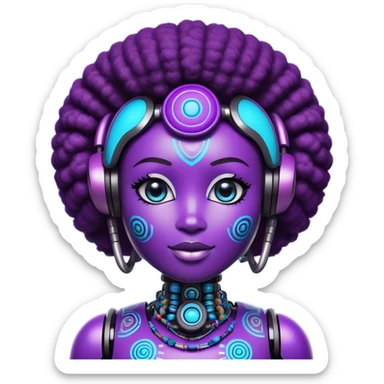 Design a bold, futuristic, and playful AI-powered mascot for Usabi, an African edtech platform teaching AI, digital, and vocational skills. The mascot should be a fun, friendly, and tech-savvy character with a vibrant personality, inspired by Nigerian culture. Think of an Afro-futuristic AI assistant with expressive emoji-like facial features, a sleek robotic or holographic aesthetic, and traditional African design elements (such as Ankara patterns, tribal marks, or bead accessories). The colors should be modern and eye-catching, reflecting tech and learning—blues, purples, and neon accents. The mascot should feel approachable, smart, and slightly mischievous, like a witty AI tutor that engages users with humor. Make sure it looks great as an app icon, social media avatar, and website assistant! sticker