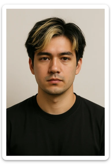 man with black hair and blonde highlights, neutral expression, upper body only, plain background sticker