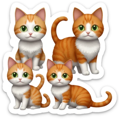 full body of 3 tiny short hair cats including a dark grey and white cat with green eyes, a ginger and white with orange eyes and a brown tabby and white with hazel eyes sticker