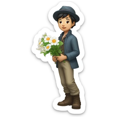 artful dodger white asian boy stands and holds various flowers sticker