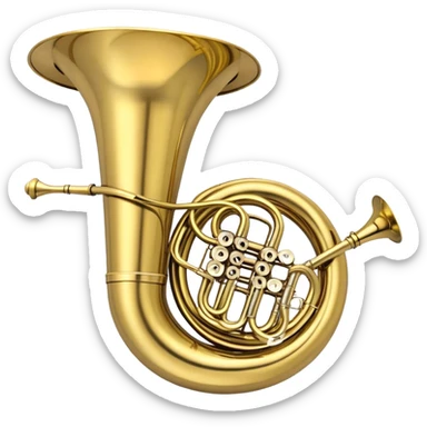 Create a large and bold emoji representing a tuba. The design should feature the tuba’s iconic, large, curved brass body, with its wide bell and tubing wrapping around. Highlight the visible valves and their metal buttons, showcasing the characteristic structure of the instrument. The brass finish should be shiny, with golden tones and subtle reflective light effects to highlight its polished surface. Add soft musical notes or soundwaves emanating from the bell to evoke the deep, resonant sound of the tuba. The background should be transparent. sticker