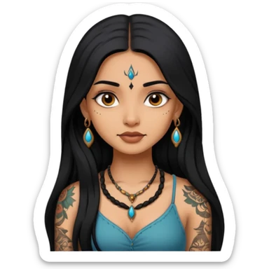 an ios genmoji for a pretty  indian girl with black long hair  tattooed, beautiful girl sticker