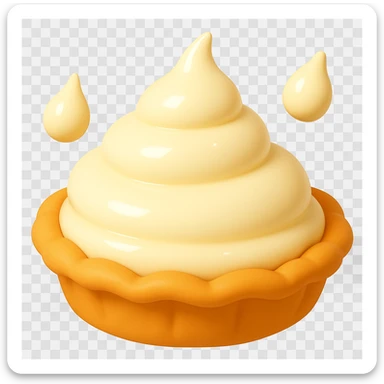 Frame 4 of 15: Cream pie with three cream droplets, playful 3D emoji style, golden brown crust, same angle as reference sticker
