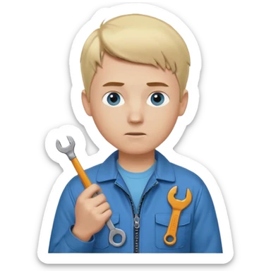 Calm and independent male technician, fair skin, short blonde hair, cool light-blue eyes, serious but composed expression, wearing a blue work jacket over a grey t-shirt, holding a wrench in one hand and a mechanical gear in the other, waist-up, front-facing sticker