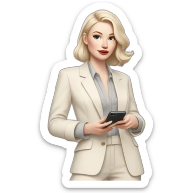 pale skin woman with ash blonde Straightened bob Hair, White Spacious classical jacket, beige palazzo Arrow pants and gray blouse holding white IPhone 14 pro in the hands sticker