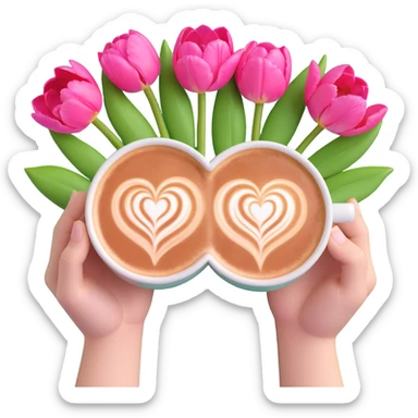 two hands holding a cup of coffee with heart-shaped latte art, pink tulip flowers and green leaves behind the cup, soft pastel background sticker