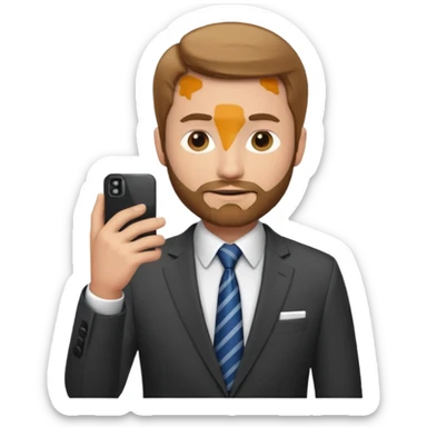 Un hombre con un poco de barba,  de traje con tez clara pelo color castaño, vestido con traje camisa y corbata y celular en mano .  sticker