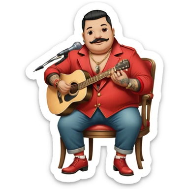 Icon for Chanson: Old fat chanson singer with tattoos and short moustache, red jacket, gold chains and braslettes, sitting on a chair with an acoustic guitar and standing microphone. The atmosphere should reflect a nostalgic, soulful vibe with vintage elements. Transparent background. sticker