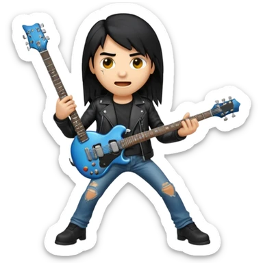 3D Apple-style emoji of a metal musician. Long hair, black leather jacket, ripped jeans, holding an electric guitar. Intense expression, glossy, rounded, smooth, soft shadows, white background.










 sticker