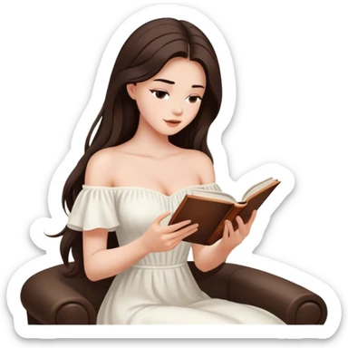 Beautiful woman in 1950’s woman fashion look, off-shoulder white dress, long dark brown hair, reading  sticker