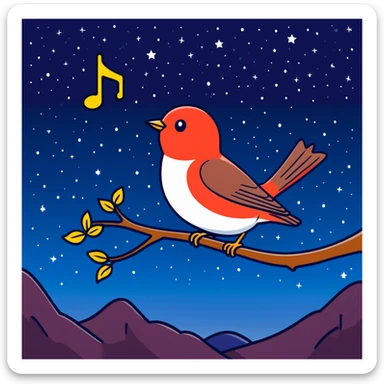 a nightingale bird singing with musical notes visible, flying against a dark starry night sky sticker