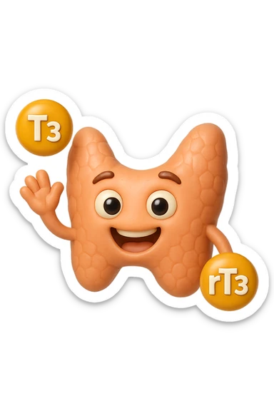 EMOJI STILE IPHONE 3D DI ormoni tiroidei (T3 ed rT3) che fluttuano in aria intorno ad una tiroide felice, iperrealistico 4k sticker