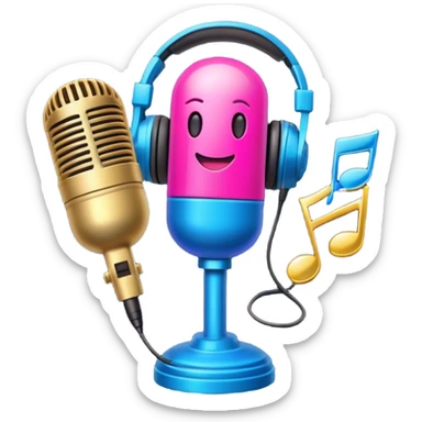 Create a vibrant and energetic emoji that represents pop or stage vocal performance. The design should feature a microphone, a set of musical notes, and a spotlight or stage lighting to symbolize the performance aspect of pop singing. Add elements like studio headphones, a music mixer, or a soundboard to reflect the modern, studio-based nature of pop vocal performance. Use bright colors like neon pink, electric blue, and gold to convey energy, creativity, and the glamour of the stage. The background should be transparent. sticker
