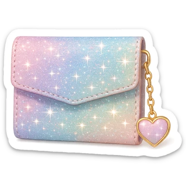 girly sparkling wallet with heart charm, no background, pastel colors, shiny and glittering sticker
