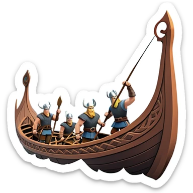 clash-of-clans-aesthetic_-cinematic-viking-longboat, rendered in a flat, bold vector style with minimal shading, featuring a striking dragon-headed prow slicing through icy, churning waters. shields on the side and vikings rowing The longboat’s intricately detailed shields and carved motifs evoke a sense of epic adventure and Nordic might, with billowing sails catching a dramatic, stormy sky backdrop. sticker