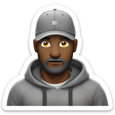 Hombre de tez clara, con ojos claros, barba fina, sin bigote, gorra negra bordada, y sudadera gris. Expresión relajada y estilo urban sticker