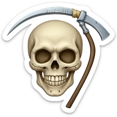 A laughing skull with a scythe crossed behind it, one eye socket winking. Clean, stylized lines, flat vector. Medieval woodcut style. Black and white with one accent color (tarnished silver). No background. sticker
