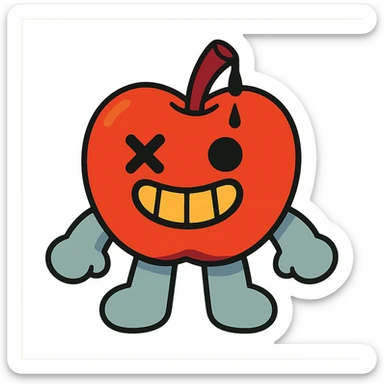 plush apple character with light grey limbs, left eye is an X, ichor coming out of stem without leaf, wide grin sticker