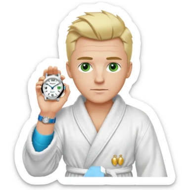 A white man with green eyes, medium-length blond hair in a low mohawk, a blue Cartier watch on his wrist, and a luxurious bathrobe. sticker