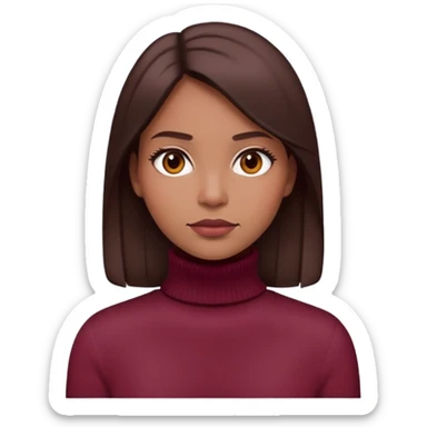 Portrait emoji of a woman with straight dark brown hair, wearing a burgundy turtleneck sweater. Calm expression, natural makeup, minimalistic and modern look." sticker