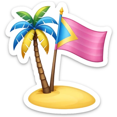 A pink flag on the sides two small blue triangles In the middle of the circle on the flag a small pink palm tree coming out of the sides  yellow circle with two thick yellow stripes sticker