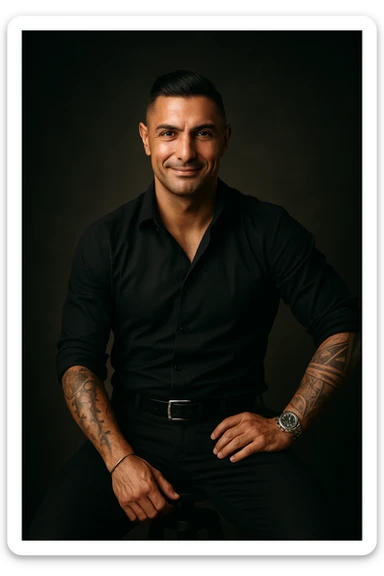 Realistic and cinematic style portrait of a man representing complete well-being: positive energy, confident posture, relaxed smile, details conveying mental and physical strength. Aspect ratio 2:3. sticker