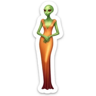 reptilian green alien woman, in long slim pastel orange formal party satin dress with gradient shiny sparkling dark red, full figure, full body sticker