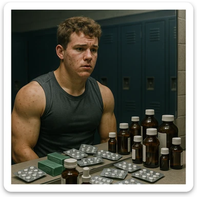 realistic young athlete in front of mirror, surrounded by bottles and blister packs of drugs, uncertain expression, skin marked by acne and swelling, confused atmosphere, locker room background, 4K quality sticker
