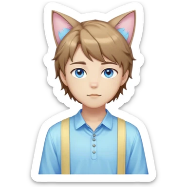 Pastel effeminate young femboy man with brown shiny hair, brown cat ears, pastel yellow blouse, blue eyes, cute, gorgeous, anime, catboy, full body sticker