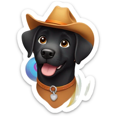 disney pixar smiling black labrador with brown cowboy hat and orange collar flying over there rainbow  sticker