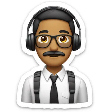 Make a brown man with mustache and with wired headphones and a computer and wearing a shirt  sticker