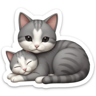 dark grey and white small cat with his eyes closed, leaning his head on his paw while leaning on his elbow lying down sticker