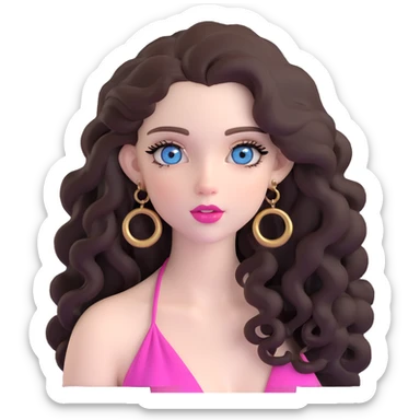 beautiful girl with big blue-grey eyes, long lashes, pale skin, pink lips, long voluminous dark brown curls, gold hoop earrings, silky halter top sticker