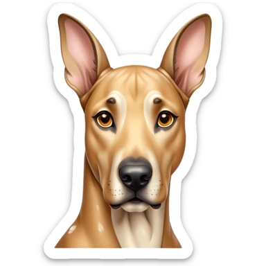 Cinematic Cute Fawn Great Dane Portrait Emoji, Head tilted playfully and inquisitively, showcasing a glossy fawn coat with a subtle luster, round, sparkling amber eyes filled with curiosity, Simplified yet irresistibly adorable features, highly detailed, glowing with a warm, friendly glow, high shine, affectionate and gentle, stylized with a touch of whimsy, bright and endearing, soft glowing outline, capturing the essence of a mischievous yet loving pup, so playful it feels like it could lumber out of the screen and into your arms! sticker