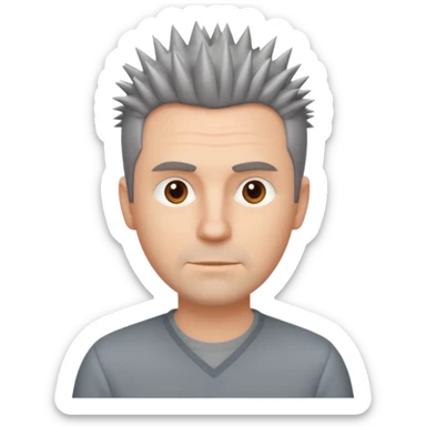 40 yr old white man short spike hair grey dress shirt sticker