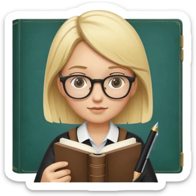 writer holding pen in hand and closed book in other hand, with blonde hair and wearing glasses sticker