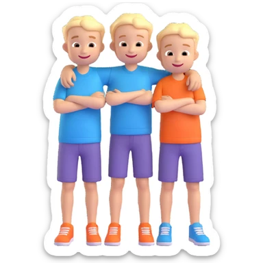 Two cartoon-style boys with similar features, arms around each other's shoulders, smiling, matching outfits, standing close, white background, emoji style sticker