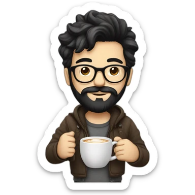 Hipster with black hair, beard and glasses drinking cappuccino   sticker
