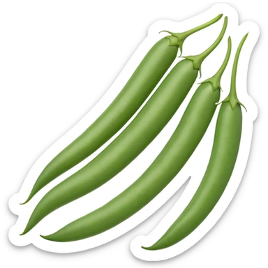 2 to 4 whole green beans (haricots verts), slightly curved, smooth vibrant green skin, pointed ends, fresh and crisp, subtle sheen, natural texture, tiny stem tips, no leaves, no plate, transparent background, emoji scale sticker