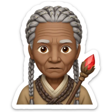 An elderly tribal leader with gray braids, wooden staff, and warm wise eyes.
 sticker