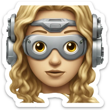 female cyborg head, fair skin, Brown long hair with blonde steaks, space age goggles and circuits sticker