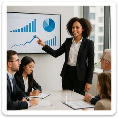 A mixed race girl CEO giving a presentation, pointing at a screen, surrounded by colleagues, symbolizing corporate success. sticker