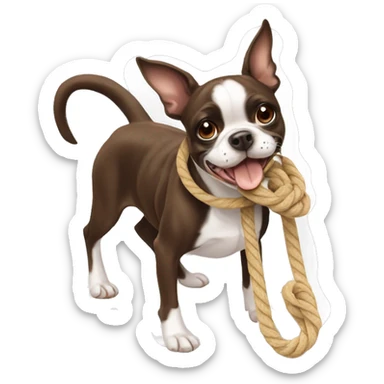 Brown Boston terrier with rope toy in mouth sticker